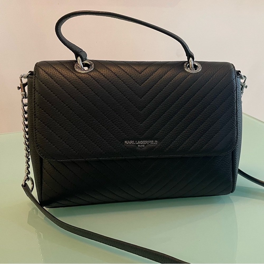 Karl Lagerfeld Paris Agyness Medium Shoulder Bag Black with silver hardware